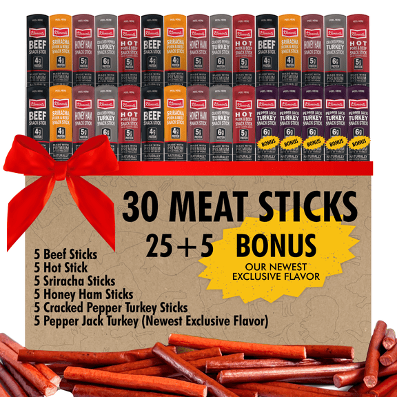 30-Pack Jerky Variety Pack Meat Sticks - Low Carb, High Protein Snacks | Keto Friendly, Gluten Free | Bonus Includes Exclusive Flavor | Turkey, Ham, Pork & Beef Sticks