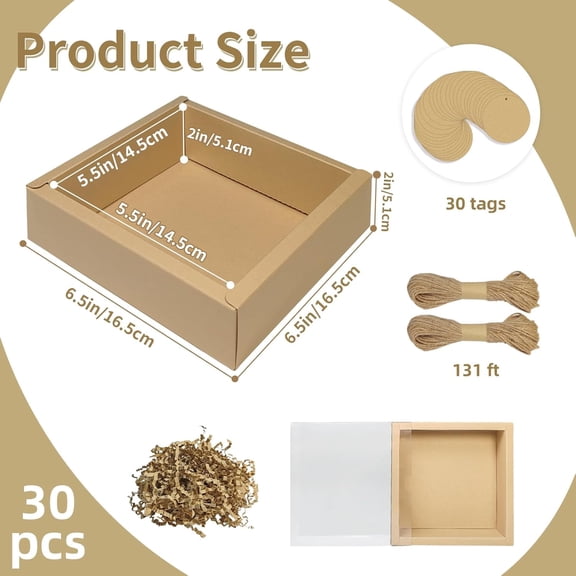 30 Pack Kraft Boxes with Window, Soap Gift Box External size 6.5 x 6.5 x 2 inches, Small Gift Box with Blank Tags,Jute String&Raffia, Ideal for Homemade Soap Packaging, Cookie&Party Favor Wrapping