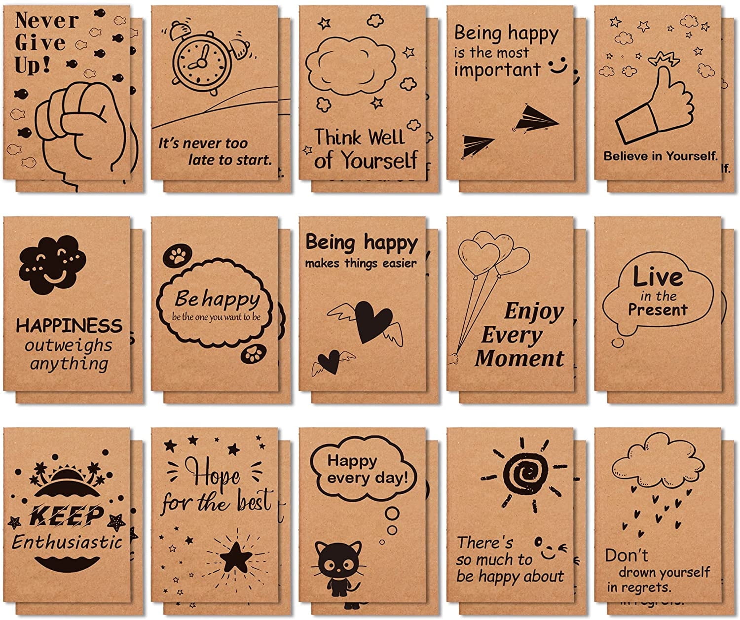 30 Pack Kraft Notebooks, Feela 15 Designs A6 Cute Mini Pocket Notebooks and Journals, 80 Lined Pages Motivation Small Journal Notebook Bulk, 4.1X5.8 in for School Supplies