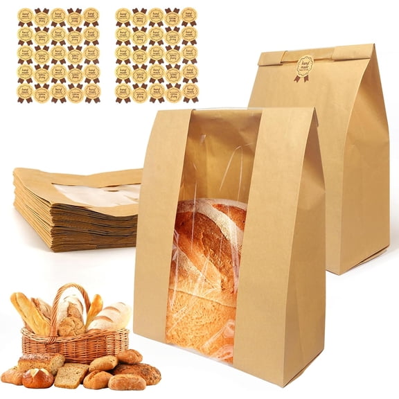 30 Pack Large Bread Bags for Homemade Sourdough Bread - Kraft Paper Storage Bakery Bags with Clear Window Bonus 50 Seal Stickers for Sourdough Sandwich (13.7x8.2x3.5 Inches, Brown)