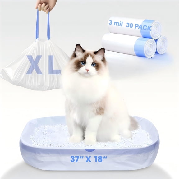 30 Pack Litter Bags - 3MIL Extra Thick Leakproof Litter Box Liners, 37"x18" Heavy Duty Drawstring Litter Liners for Automatic Litter Box, Odor Control Disposable Kitty Litter Bags 3 Roll