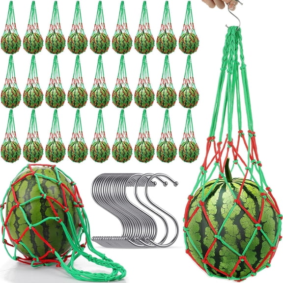 30 Pack Melon Hammocks Cradles with S Hanging Hooks Heavy Duty Watermelon Hammock Net to Prevent Falling for Growing Cantaloupe Pumpkin Watermelon in Vertical Garden (Red,Green)