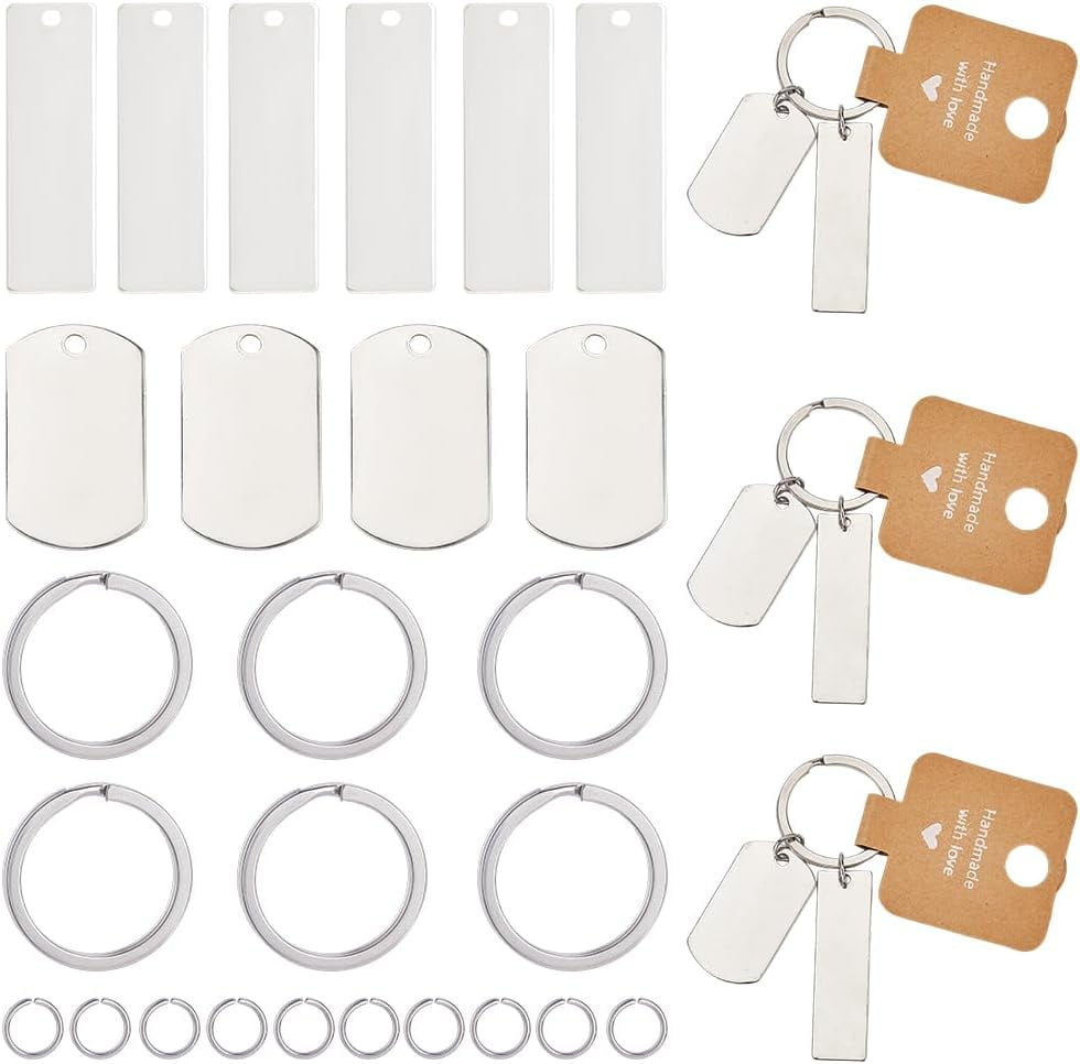 30 Pack Metal Key Chain Blanks Laser Engraved Jewelry Blanks Stainless Steel Stamping Blank Tags Round Key Ring Paper Display Cards Jump Rings Keychain Making Kits for DIY Birthday Gifts