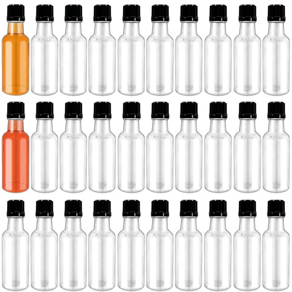 30 Pack Mini Plastic Alcohol Shot Bottles 1.7oz Clear with Black Cap for Party Gifts Weddings