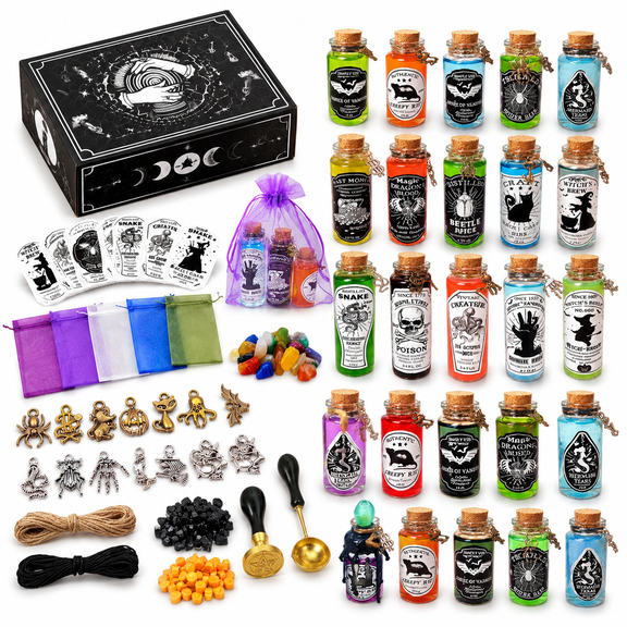30 Pack Mini Potion Bottles Witch Decoration Kit with Labels and Accessories