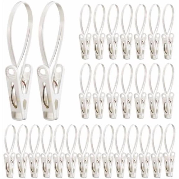 30 Pack Multi-Purpose Laundry Hooks Hanging Clips Bulk with Plastic Rope Hanger Clips for Baby Clothes Closet Organizer for Pants Hat Sock Boot Bra Towel Bathroom Wardrobe (White)