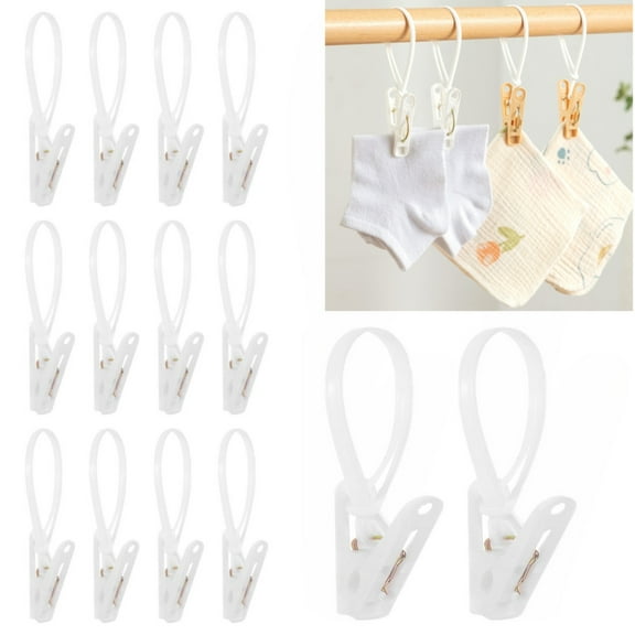 30 Pack Multi-Purpose Laundry Hooks, Plastic Hanging Clips with Rope Hanger Clips for Baby Clothes Closet Organizer for Pants Hat Sock Boot Bra Towel Bathroom Wardrobe Kitchen, White