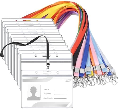 30 Pack Name Tag Lanyards with Id Holder, Clear Plastic Horizontal Name Tags Holders and Black Badge Lanyards with ID Holder for School Office Team Workers Volunteers (Multicolor)