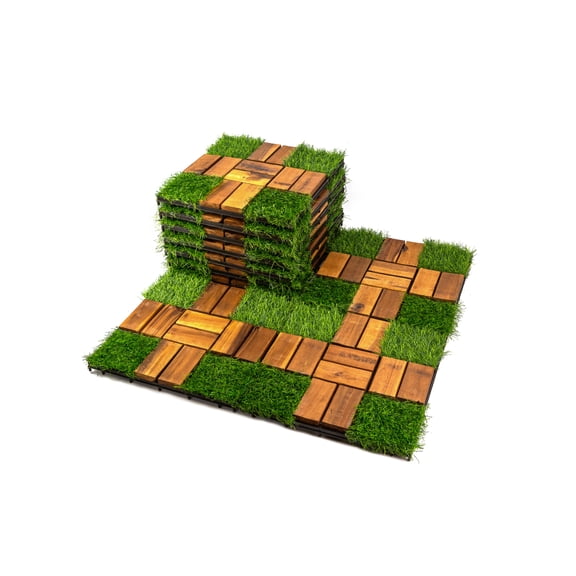30 Pack Natural Acacia Deck Tiles 12"12" Interlocking PP Base Decorative & Durable