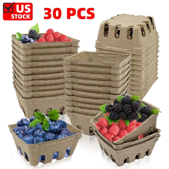 30 Pack Natural Pulp Fiber Berry Basket, Molded Berry Basket Produce Vented Container for Fruit and Vegetable, Farmer Market, Grocery Stores, Backyard Party