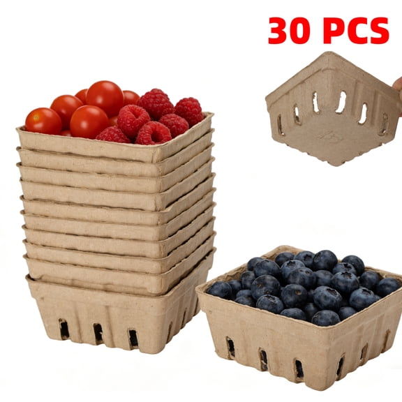 30 Pack Natural Pulp Fiber Berry Basket, Small Farmers Market Display Produce Baskets, Vented Berry Container for Strawberry Blueberry Raspberry Egg Fruit Vegetable, Grocery Store Supplies