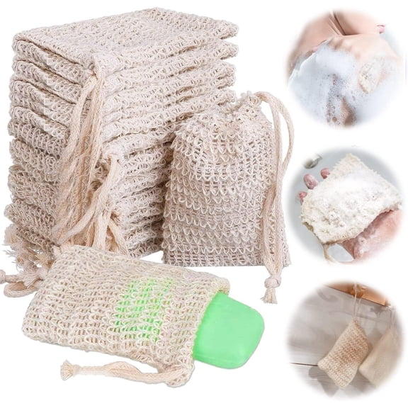 30 Pack Natural Sisal Soap Saver Bags with Drawstring for Exfoliating and Foaming, Beige, 9x14 cm
