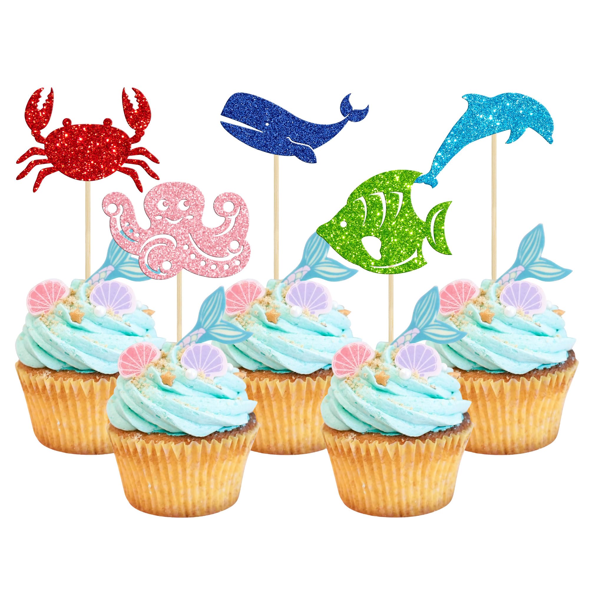 30 Pack Ocean Sea Animals Cupcake Toppers Dolphin, Crab, Whale