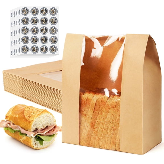 30-Pack Paper Bread Bags for Sourdough, Large Bread Bags for Homemade Bread Gift Giving, with 100 Sealing Stickers, Paper Bakery Bag with Clear Window for Baked Food Packaging Storage