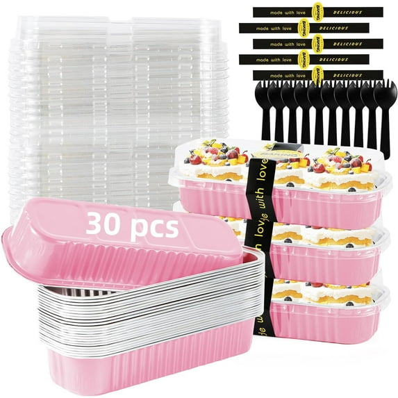 30 Pack Pink Disposable Rectangular Aluminum Foil with Lids,6.8oz Mini Cake Pans for Baking, Loaf Baking Pans, Small Cake Container