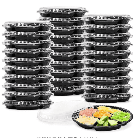 30 Pack Plastic Appetizer Trays with Clear Lid, Round Stackable Serving Party Trays, 12 in Banquet Catering Fruit Vegetable Tray, Reusable 6 Divided Food Snack Dip Platter for Outdoor Buffet