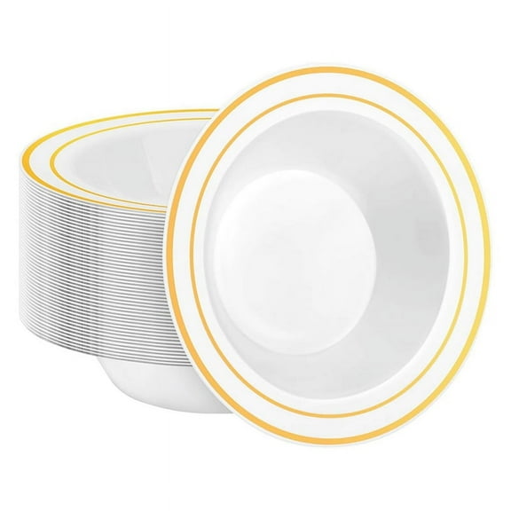 30 Pack Plastic Disposable Bowls, 12oz Salad Bowls with Gold Rim