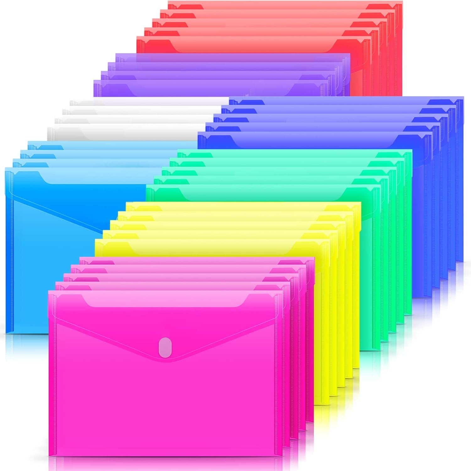 30 Pack Plastic Envelopes Poly Envelopes, HeavyDuty File Folders, Clear Folders with Pockets, Folders for Documents Letter A4 Size, Filing Folders, Paper Storage, Office School, 5Colored