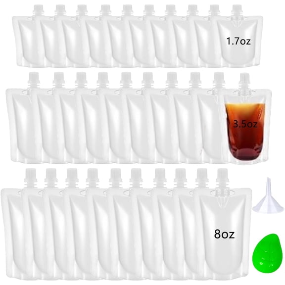 30 Pack  Pouches with Screw  Cap Disposable Drink Pouches Beverage Bags 1.7OZ 3.5OZ 8OZ Portion Juice Pouch Carrier Smoothie Bag for Freezer Travel Events Homemade Drinks Refrigerator
