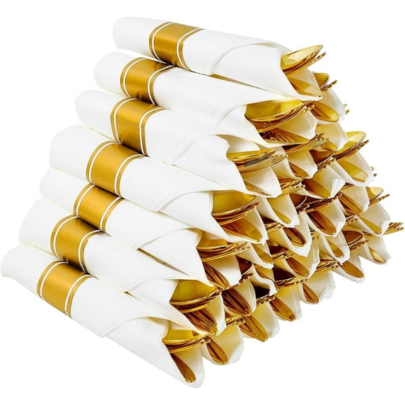 30 Pack Pre Rolled Gold Plastic Cutlery, Disposable Heavy Duty Silverware Set - 30 Forks, 30 Spoons, 30 Knives, 30 Napkins, Disposable Cutlery Set for Catering, Parties, Dinners, Weddings