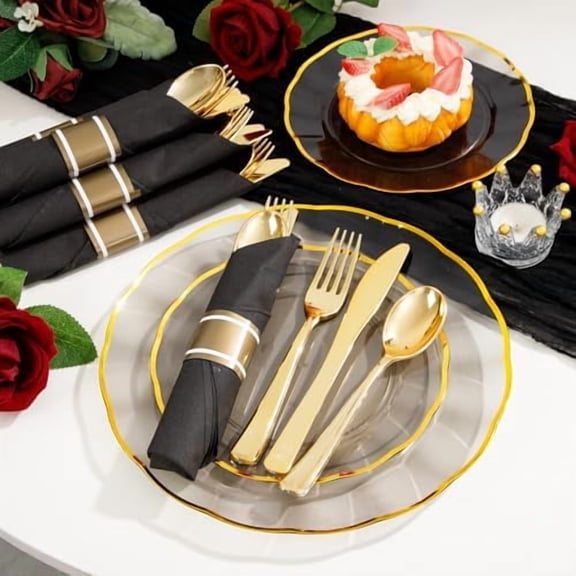 30 Pack Pre Rolled Gold Plastic Silverware Set with Napkins, Wrapped Plastic Cutlery Set, Disposable Utensils Includes 30 Forks, 30 Knives, 30 Spoons, 30 Napkins for Party, Wedding