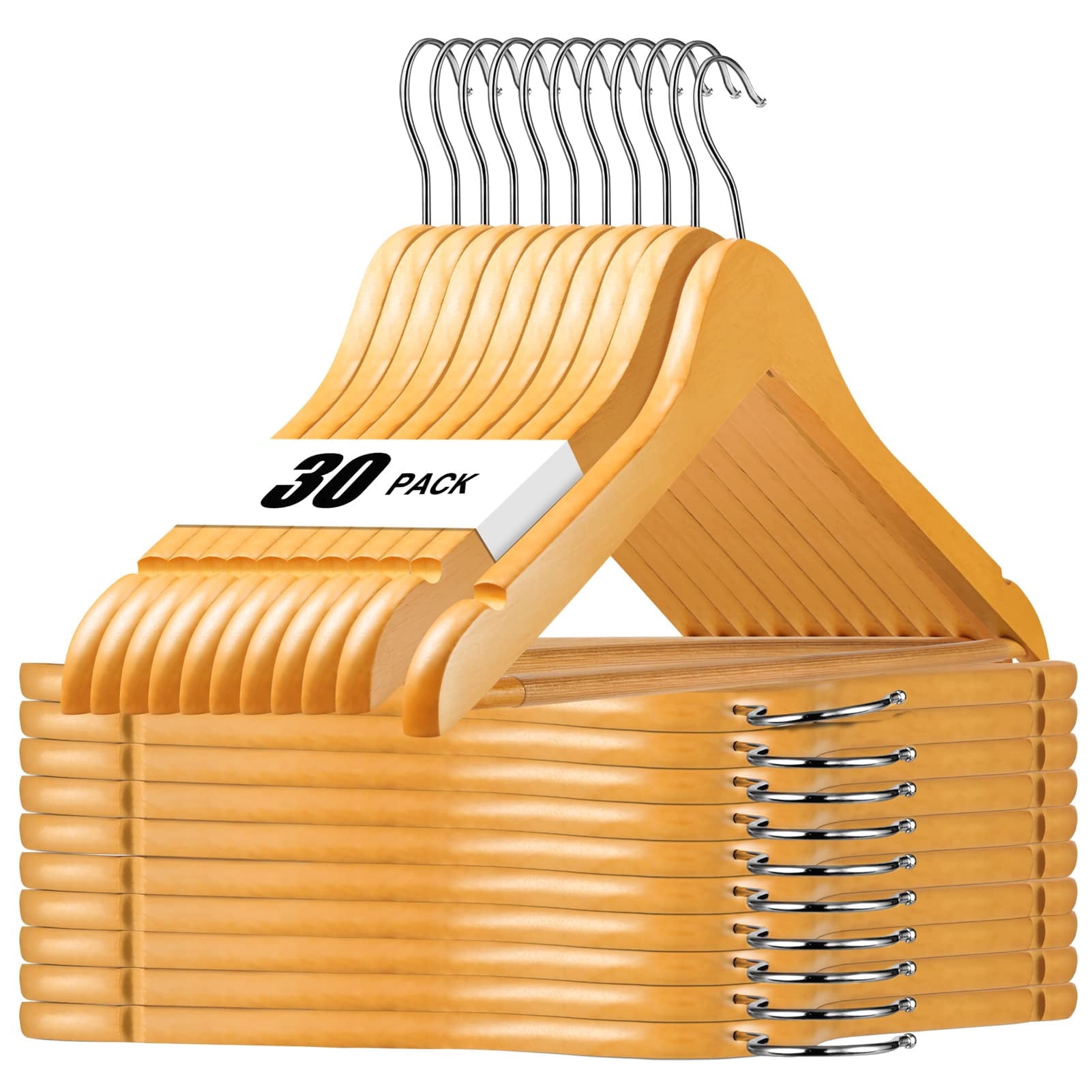 30-Pack Premium Non-Slip Wooden Hangers with 360° Swivel Hook - Heavy Duty, Space-Saving, and Wrinkle-Free for Shirts, Suits, Dresses, and Jackets