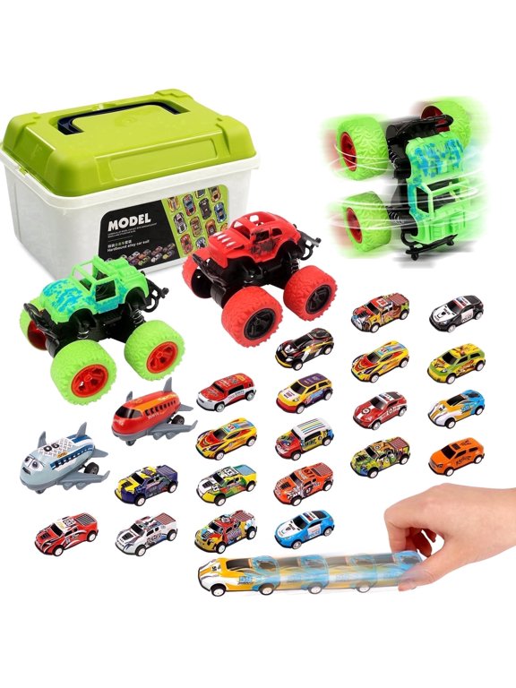 30 pack Pull Back Toy Cars & Monster Trucks with Storage Box Baby Race Cars Vehicles Party Favor Pinata Fillers Birthday Gifts for 3-5 Years Old