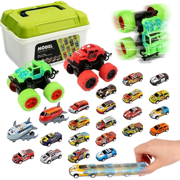 30 Pack Pull Back Toy Cars & Monster Trucks with Storage Box, Baby Toy Cars Race Cars Vehicles Party Favor Pinata Fillers Stocking Stuffer Birthday Gifts for Boys Girls Toddlers 3-5 Years Old