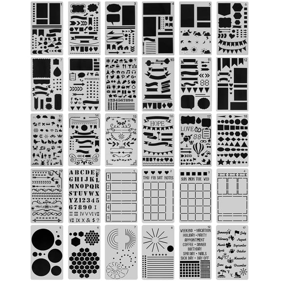 30 Sheets Reble Drawing Stencils, Planner Templates for Junk Journal, Bullet Journal Accessories, Scrapbook Decor, 4x7 Inch Size, Black