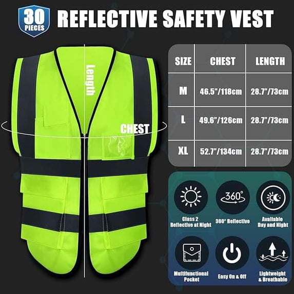 30 Pack Reflective Safety Vest with Pockets and Zipper High Visibility ...