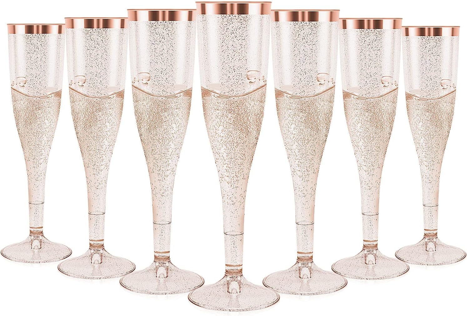 30 Pack Rose Gold Glittered Plastic Champagne Flutes Disposable