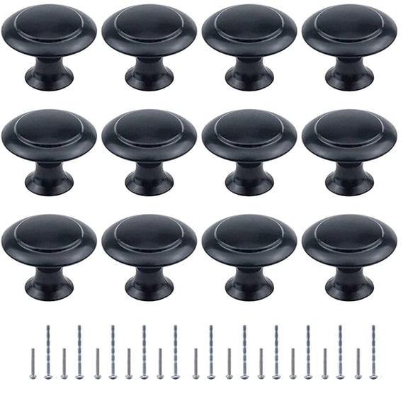 30 Pack Round Kitchen Cabinet Knobs, 1.2" 30mm Flat Black Zinc Round Drawer Knob for Cabinets Dressers,with Screw