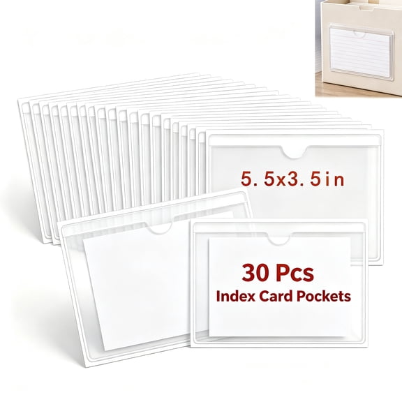 30 Pack Self Adhesive Clear Index Card Pockets for 3x5 Inch Cards, Plastic Storage Bin Label Holders, Reusable Clear Label Sleeves for Organizer Bins, Drawers, File Cabinets & Classroom Storage