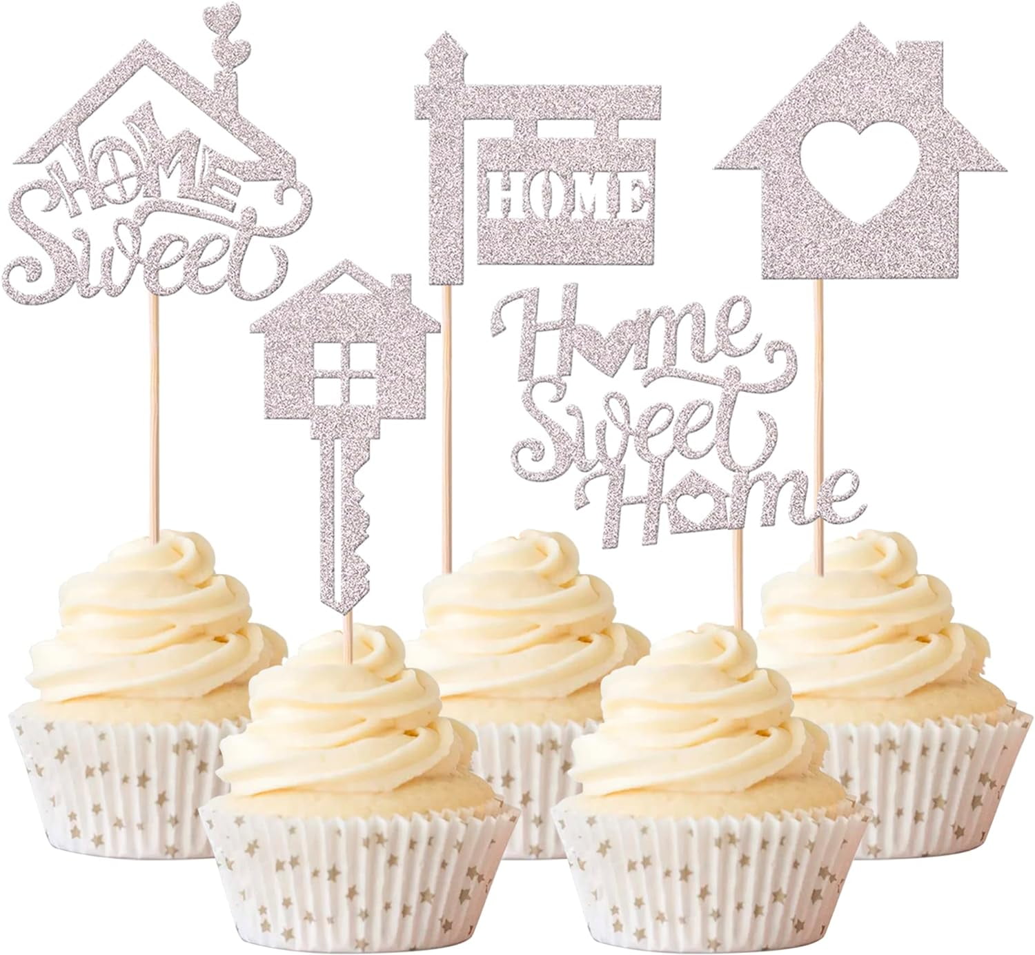 30 Pack Silver Glitter Sweet Home Cupcake Toppers Housewarming Party