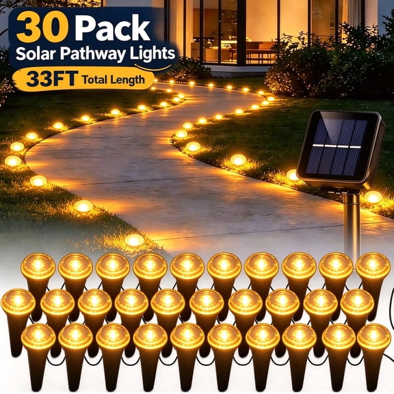 30 Pack Solar Ground Lights Outdoor Waterproof, 33FT Warm White Solar Pathway Lights with 8 Lighting Modes, Auto On/Off Solar Disk Lights for Patio, Walkway, Lawn, Yard, Garden, Driveway
