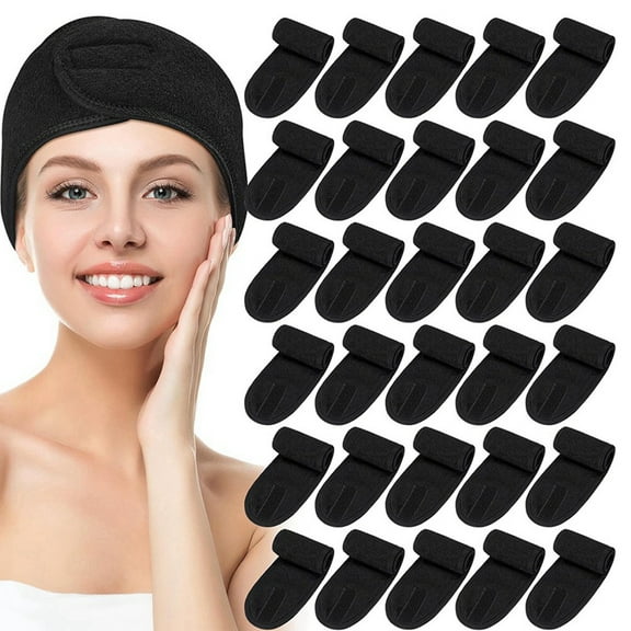 30 Pack Spa Headband Esthetician Hair Wrap for Women Adjustable Makeup Sports Shower Stretch Towel Black