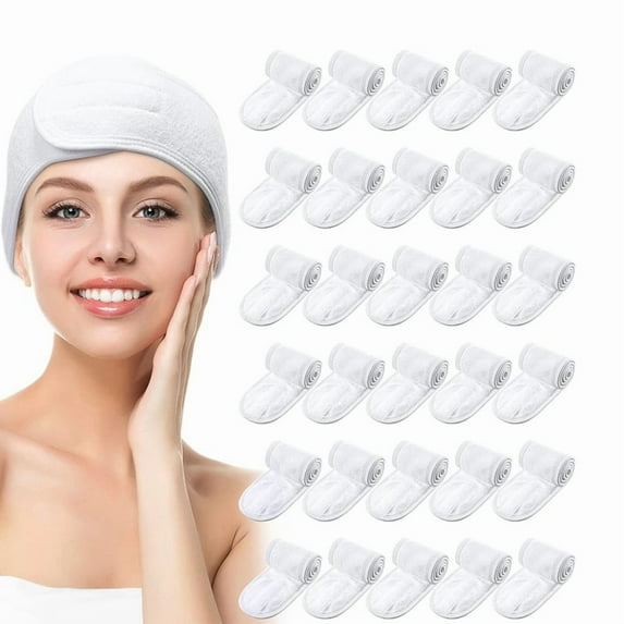 30 Pack Spa Headband Esthetician Hair Wrap for Women Adjustable Makeup Sports Shower Stretch Towel White