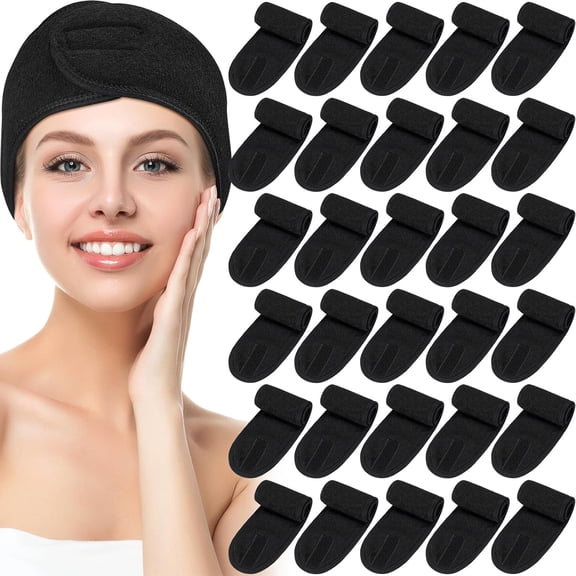 30 Pack Spa Headband Facial Esthetician Hair Wrap for Women Adjustable Makeup Sports Shower Stretch Towel with Tape(Black)