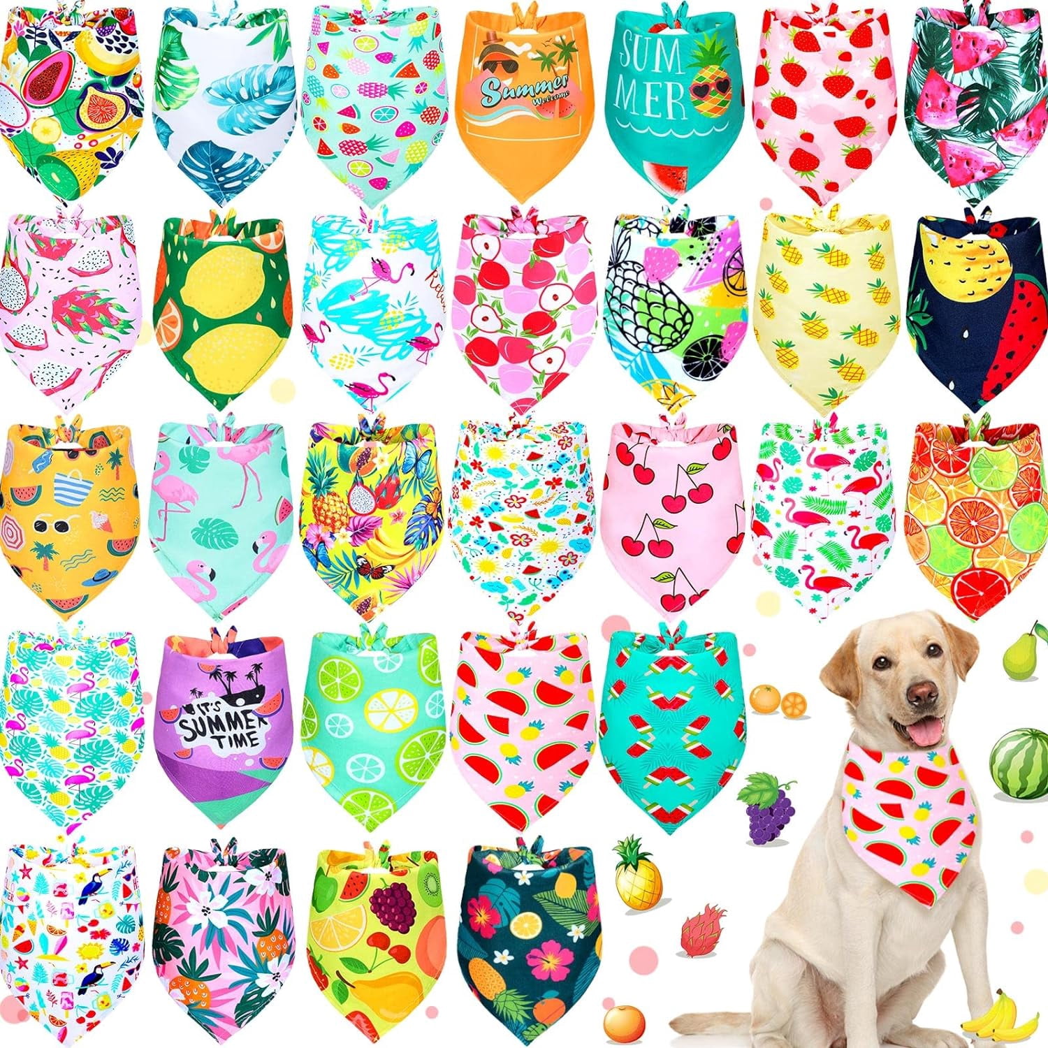 30 Pack Spring Dog Bandanas Bulk Summer Fruit Pet Bandanas Soft Triangle Dog Scarfs Polyester Bandana Pet Costume Cute Scarf Bibs with Flowers Patterns for Medium Large