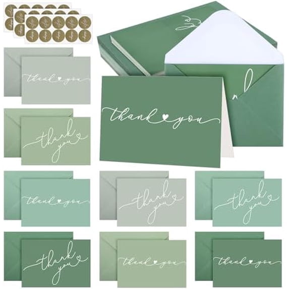 30 Pack Thank You Cards with Envelopes and Stickers 3.5 x 5 Inch Blank Note Card Kraft Envelopes for Business Weddings Bridal Gift Baby Shower Graduation(Green Tones)
