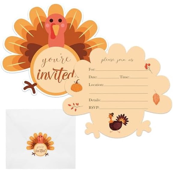 30 Pack Thanksgiving Party Invitations Cards with Envelopes & Stickers, Turkey Shape Thanksgiving Dinner Party Invite Cards for Wedding Birthday Baby Shower Party Supplies