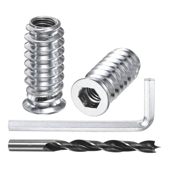 30-Pack Threaded Inserts for Wood, 1/4-20x25mm Hex Drive Threaded Insert Nuts, with a Hex Wrench and Drill Bit [Silver Tone]