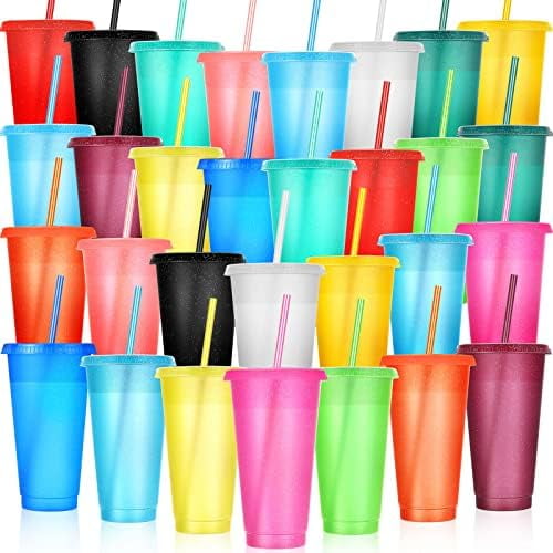 30 Pack Tumbler with Straw and Lid Bulk Cups for Gifts Glitter Plastic Coffee Cups 24-27 oz Reusable Water Bottle Iced Coffee Travel Mug Party Favors for Birthdays Travel (Multicolor)