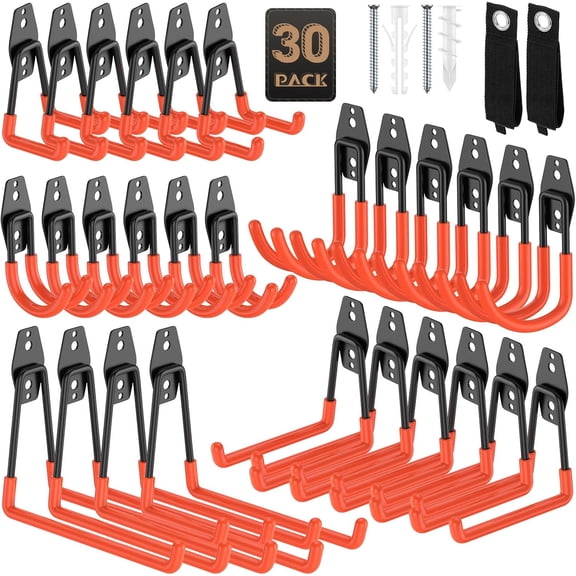 30 Pack Utility Steel Heavy Duty Wall Mount Garage Hooks,with Anti-Slip Coating,for Hanging Bikes,Ladder,Ropes,Bulk Items,Power,Yard and Garden Tools