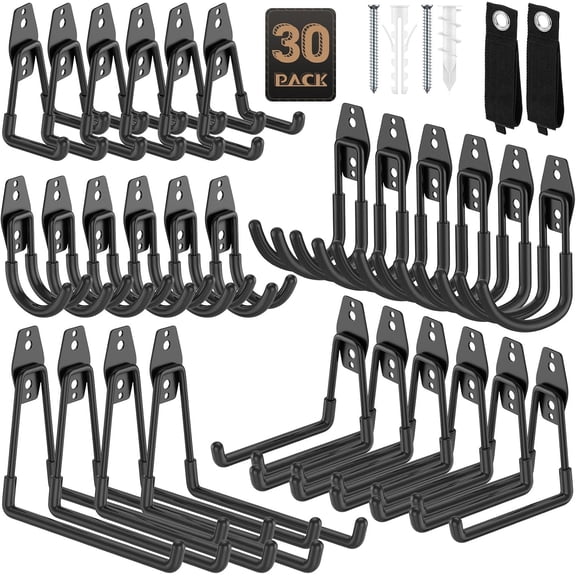 30 Pack Utility Steel Heavy Duty Wall Mount Garage Hooks,with Anti-Slip Coating,for Hanging Bikes,Ladder,Ropes,Bulk Items,Power,Yard and Garden Tools