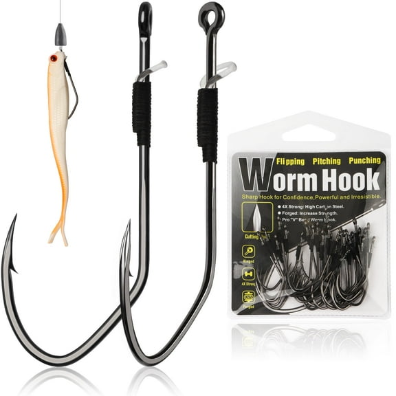 30 Pack "V" Worm Hooks with Baitkeeper Bass Fishing Hooks 1/0 Freshwater Saltwater