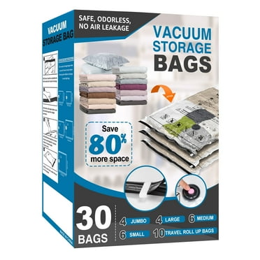 30 Pack Vacuum Storage Bags Space Saver Bags (4 Jumbo/4 Large/6 Medium/6 Small/10 Roll) Compression for Comforters and Blankets Sealer Clothes Storage