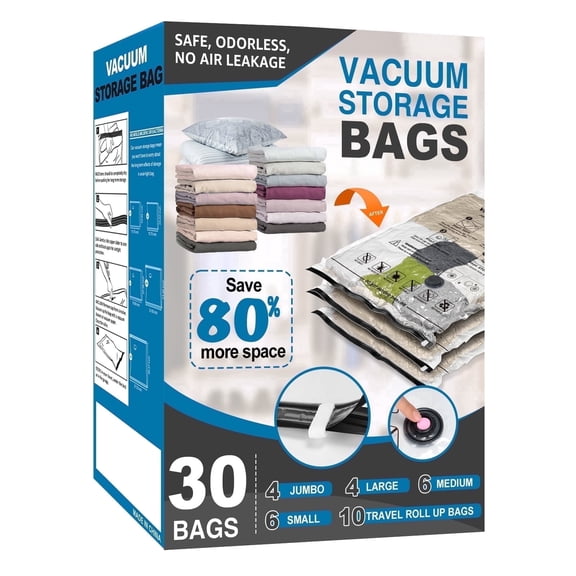Cubepoint 30 Pack Vacuum Storage Bags Space Saver Bags (4 Jumbo/4 Large/6 Medium/6 Small/10 Roll) for Comforters, Blankets, Clothes, Travel Compression
