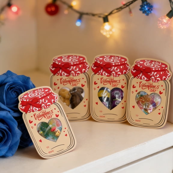 30 Pack Valentine's Day Cards with Treat Bags, Mason Jar Shaped Greeting Cards with Heart Window, DIY Exchange Cards for Party Favors & Candy Holders