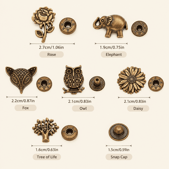30-Pack Vintage Metal Snap Buttons in 6 Designs, Decorative Alloy Fasteners with Elephant, Owl, Fox, Rose, Daisy & Tree of Life